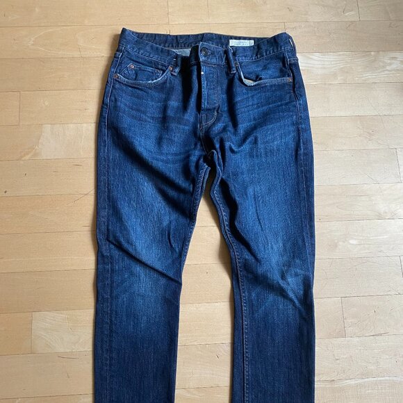 All Saints mens jeans "Clachan Cigarette" sz 32 blue wash button fly